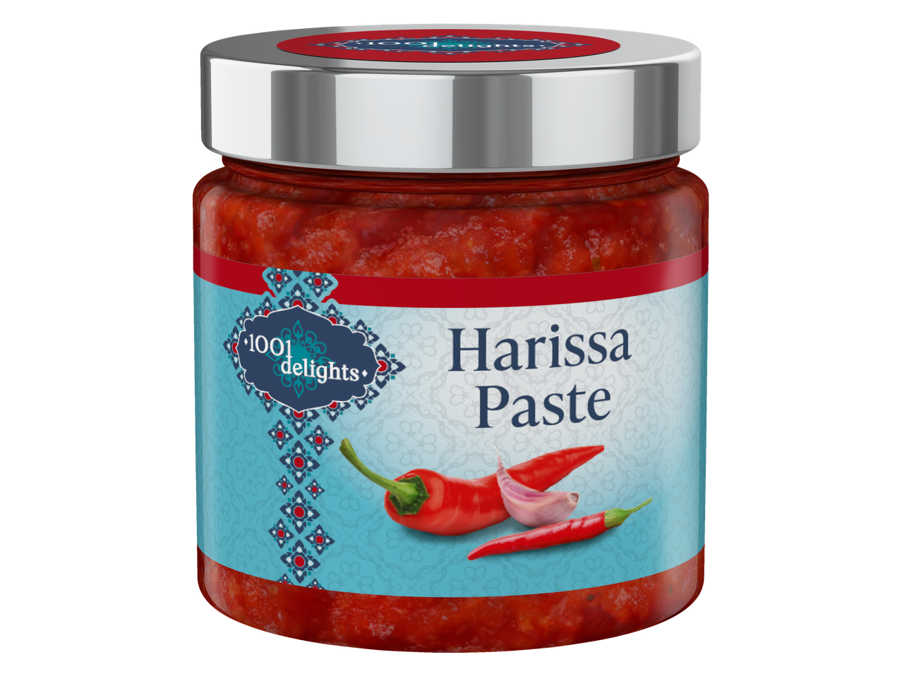1001 Delights Harissa Paste jar with red chilies and garlic on the label.