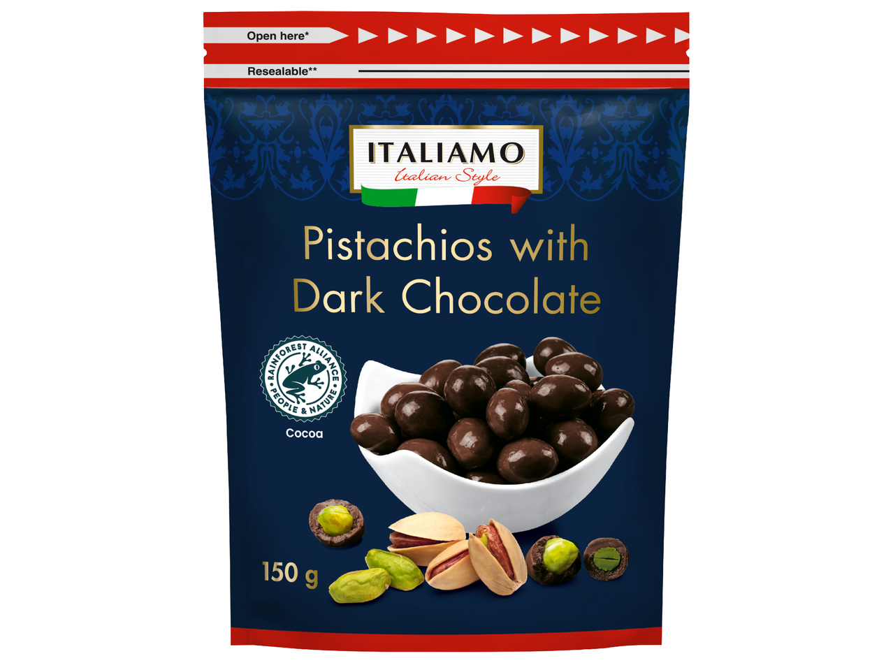 Пакетче шамфъстък с тъмен шоколад, с надпис „Pistachios with Dark Chocolate“ и „150 g“.