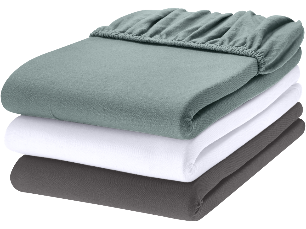 Livarno Jersey Fitted Sheets in green, white, and grey, stacked neatly.