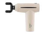 Beige massage gun with a black U-shaped attachment