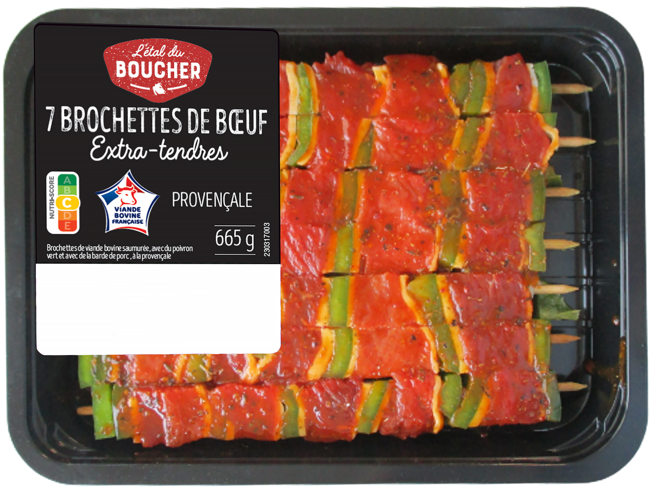 7 brochettes de bœuf extra-tendres à la provençale avec poivron vert et barde de porc.