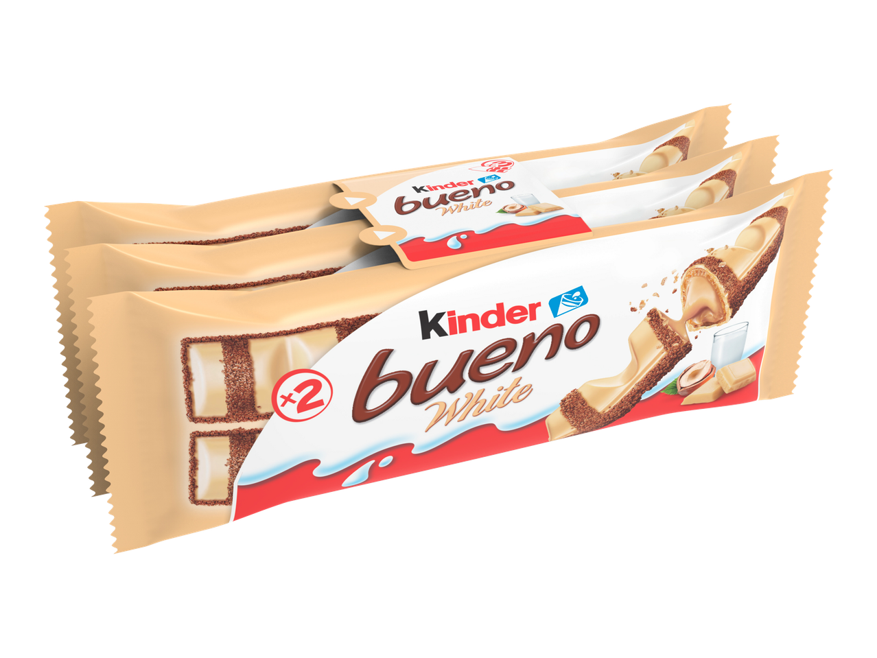 Three white chocolate bars with hazelnut filling, stacked diagonally.