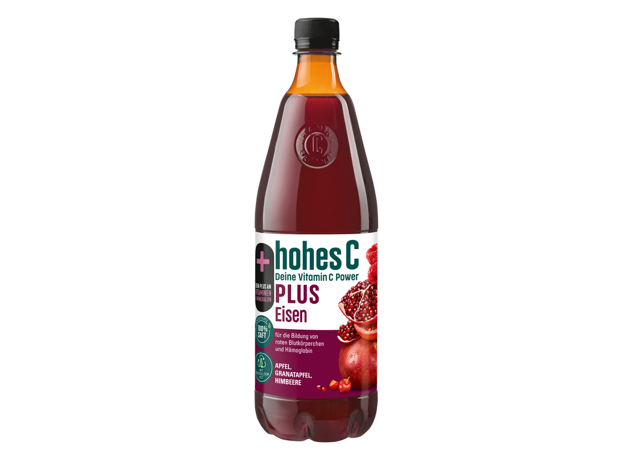 Hohes C Plus Eisen: Apfel, Granatapfel und Himbeere.