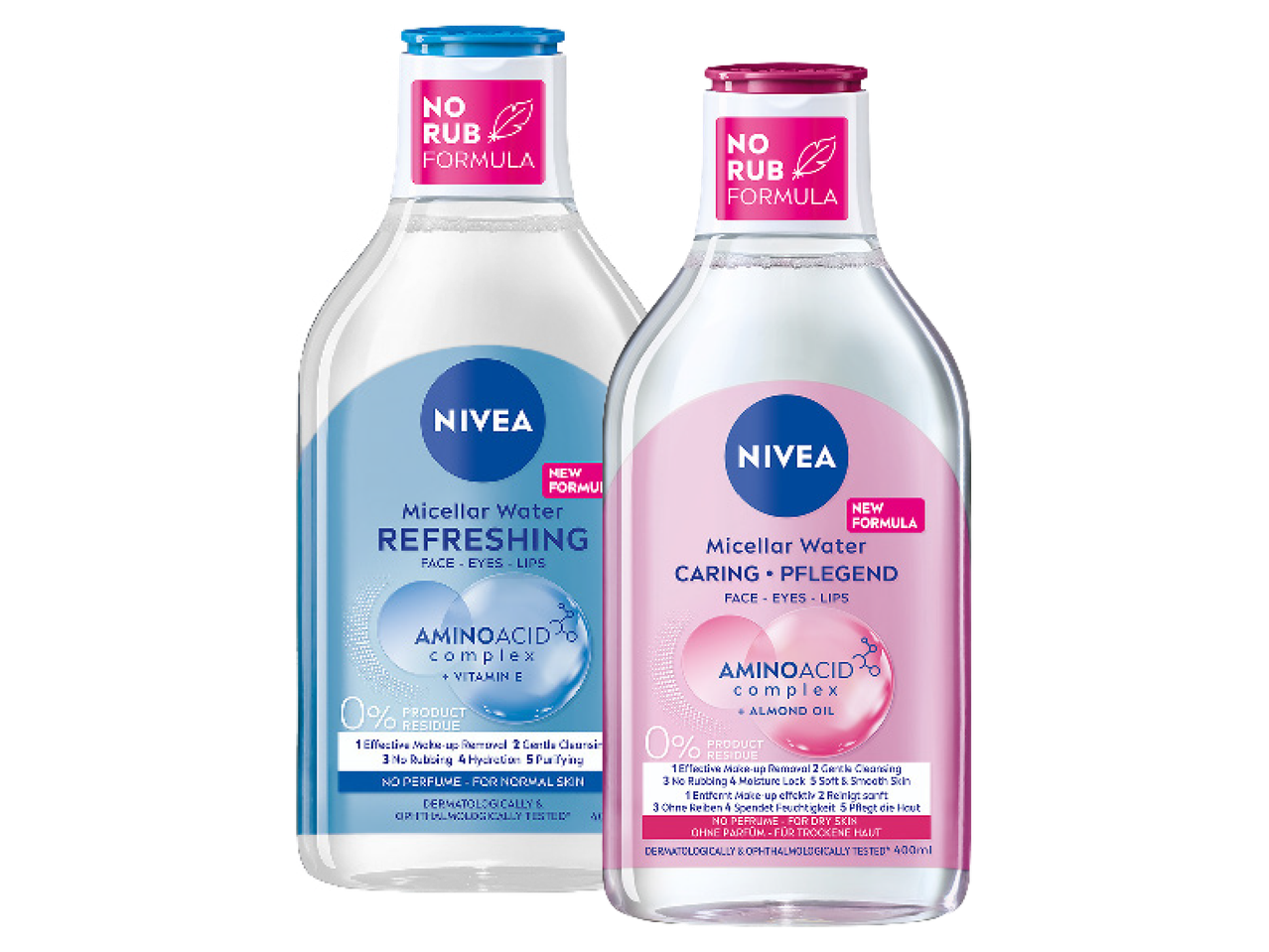 Divas NIVEA Micelārā ūdens pudeles: atsvaidzinošs normālai ādai un kopjošs sausai ādai.