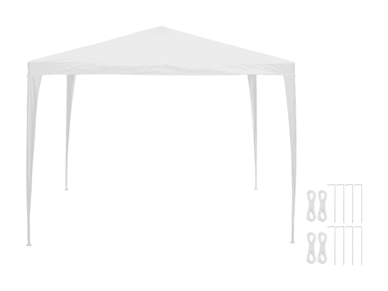 Gazebo bianco con corde e picchetti per il fissaggio.