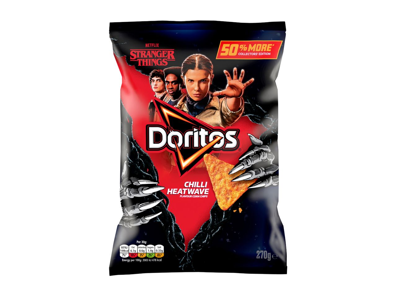 Chilli Heatwave corn chips in a Stranger Things themed bag, 50% more, collector's edition.