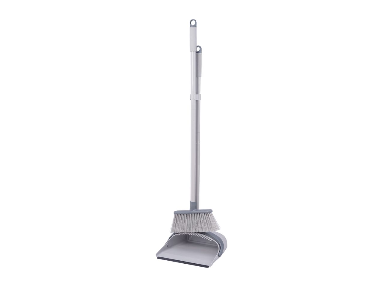 A grey broom and dustpan set with an extendable handle, standing upright.