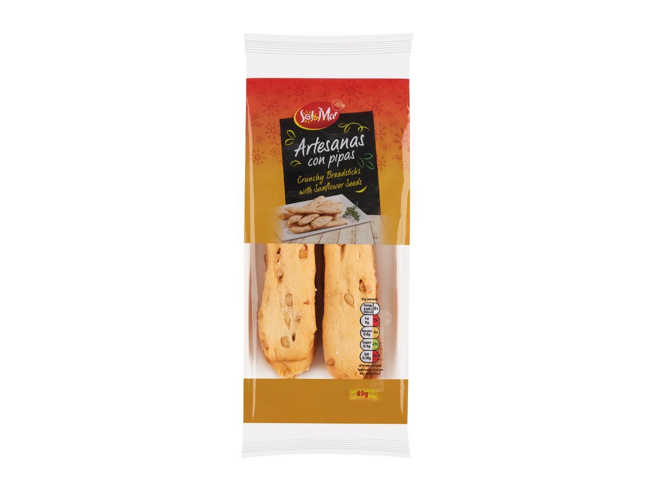 Packaging for crunchy breadsticks with sunflower seeds, showing product details and nutritional information.