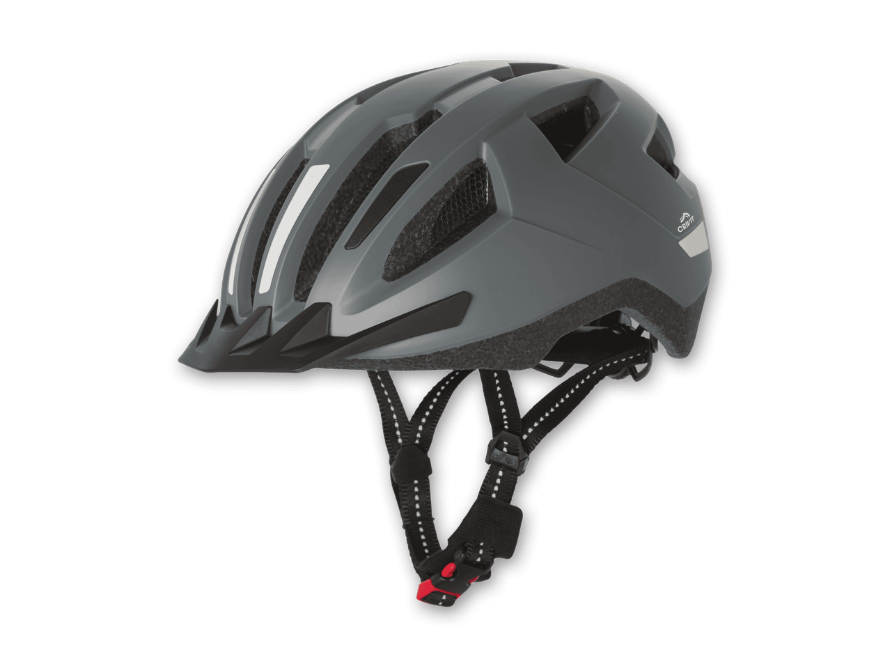 Grauer Fahrradhelm mit Visier und reflektierenden Streifen