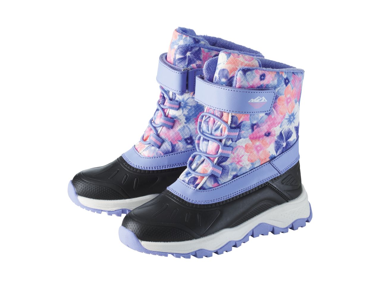 Pair of kids' floral print snow boots with purple accents