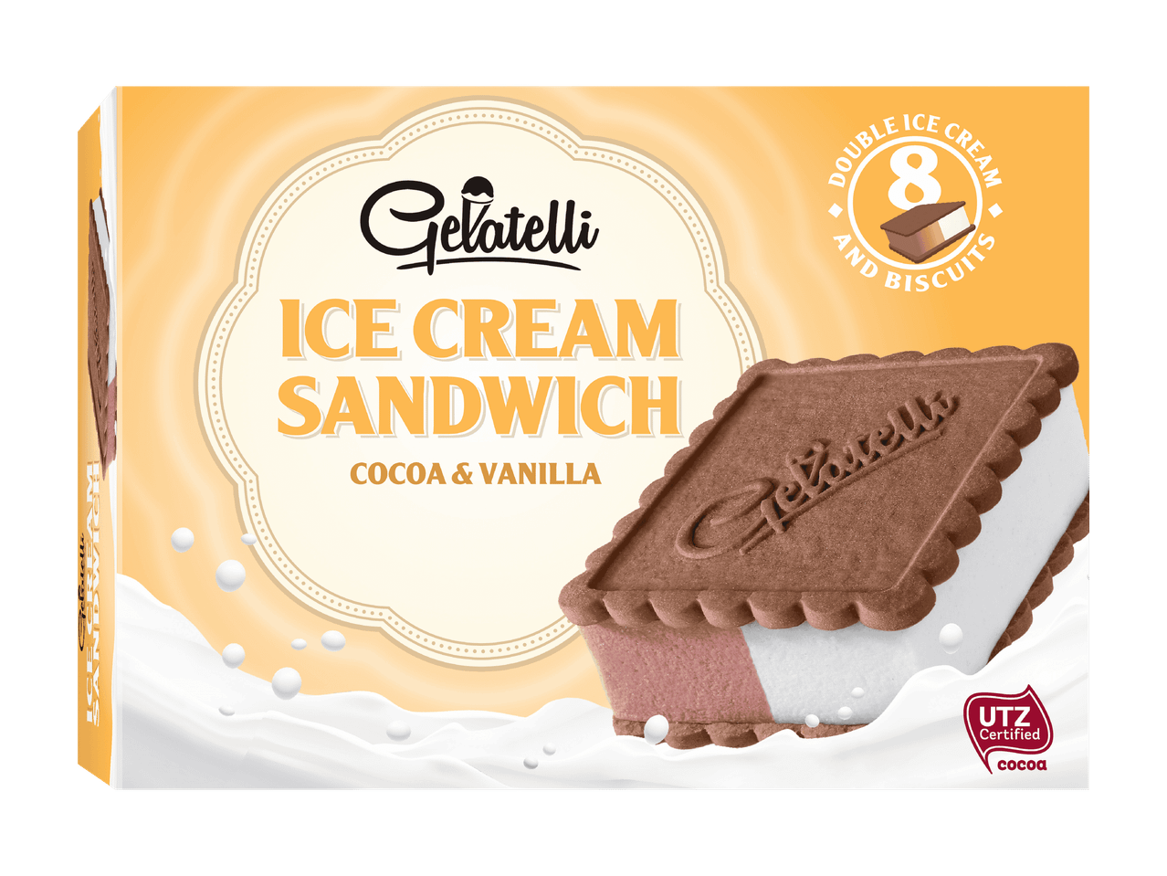 Packung mit Kakao- und Vanille-Eiscreme-Sandwiches, mit 8 Keksen und Eiscreme.