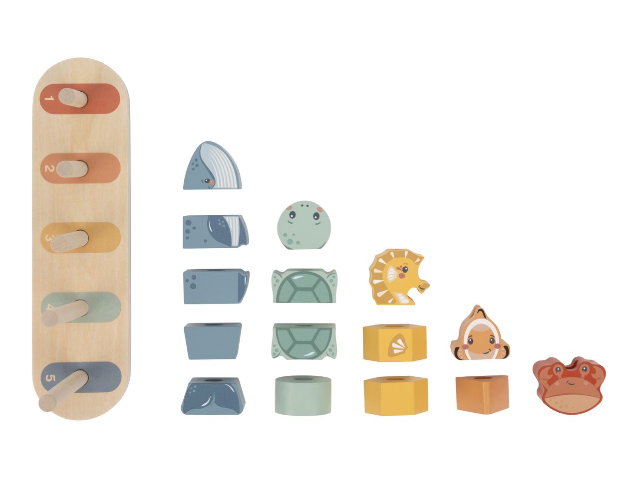 Wooden stacking toy with sea animals: whale, turtle, seahorse, clownfish, and crab.