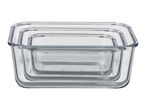 Set of three clear glass rectangular food storage containers, nested inside each other.