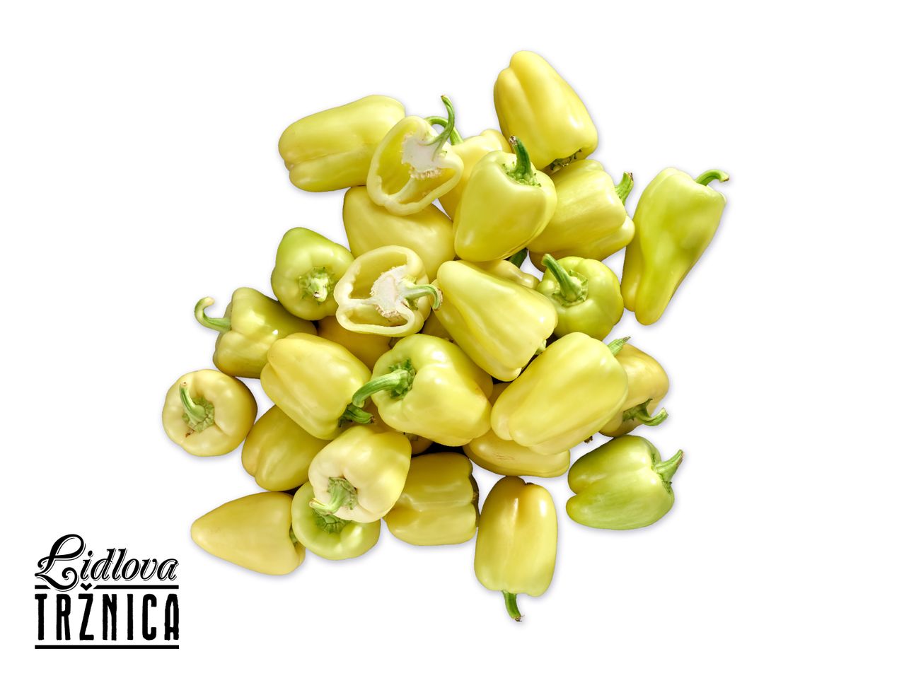 Gomila žutih paprika na bijeloj pozadini, Lidlova tržnica.
