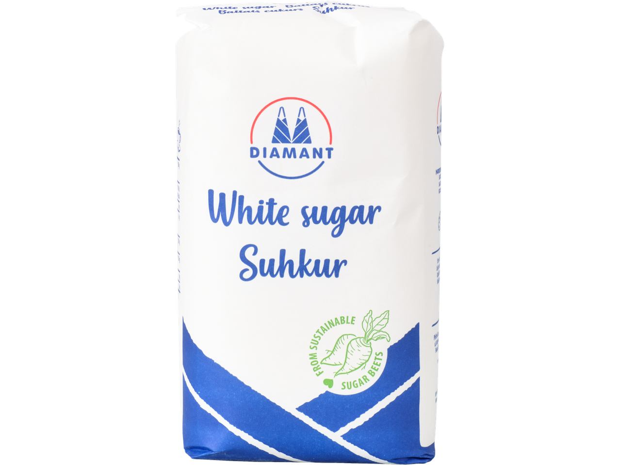 Diamant valge suhkur, säästvatest suhkrupeedist, valges ja sinises pakendis.