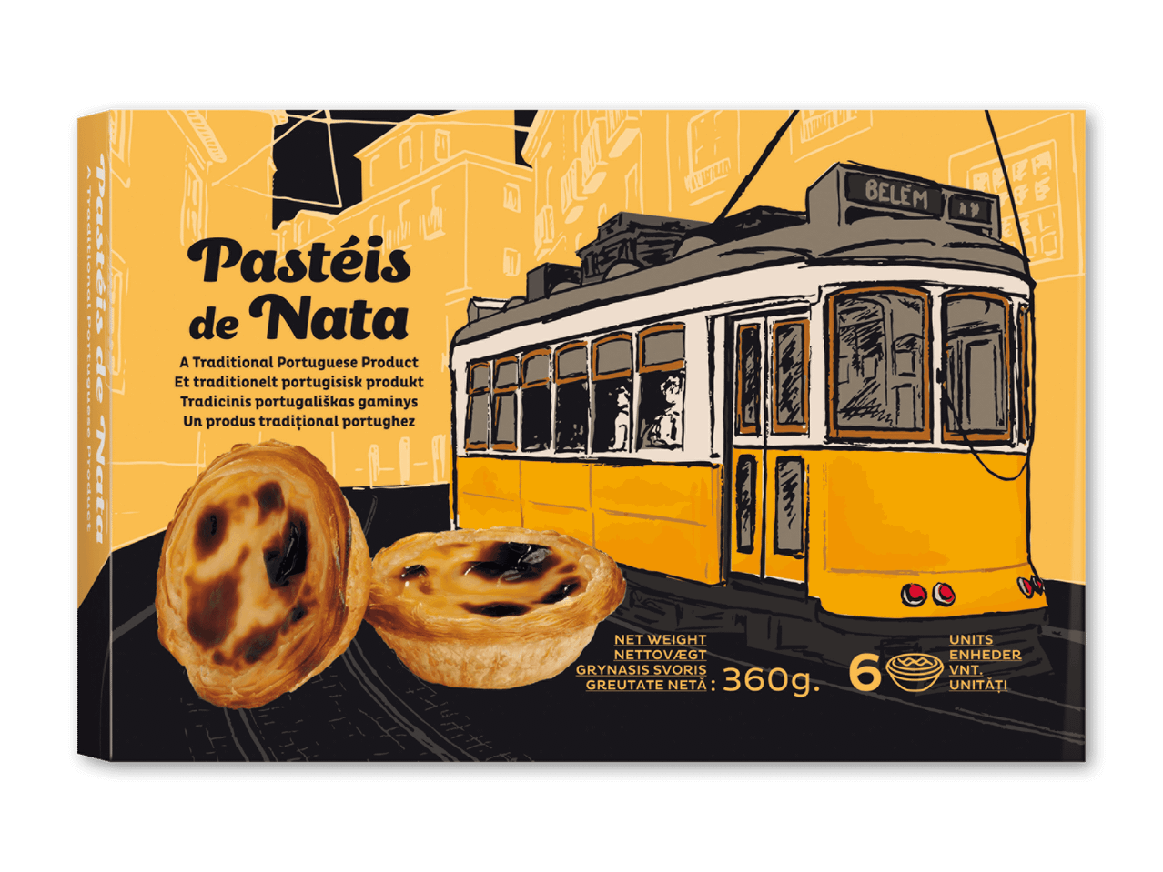 Pakke med Pastéis de Nata med en illustration af en sporvogn i Lissabon.