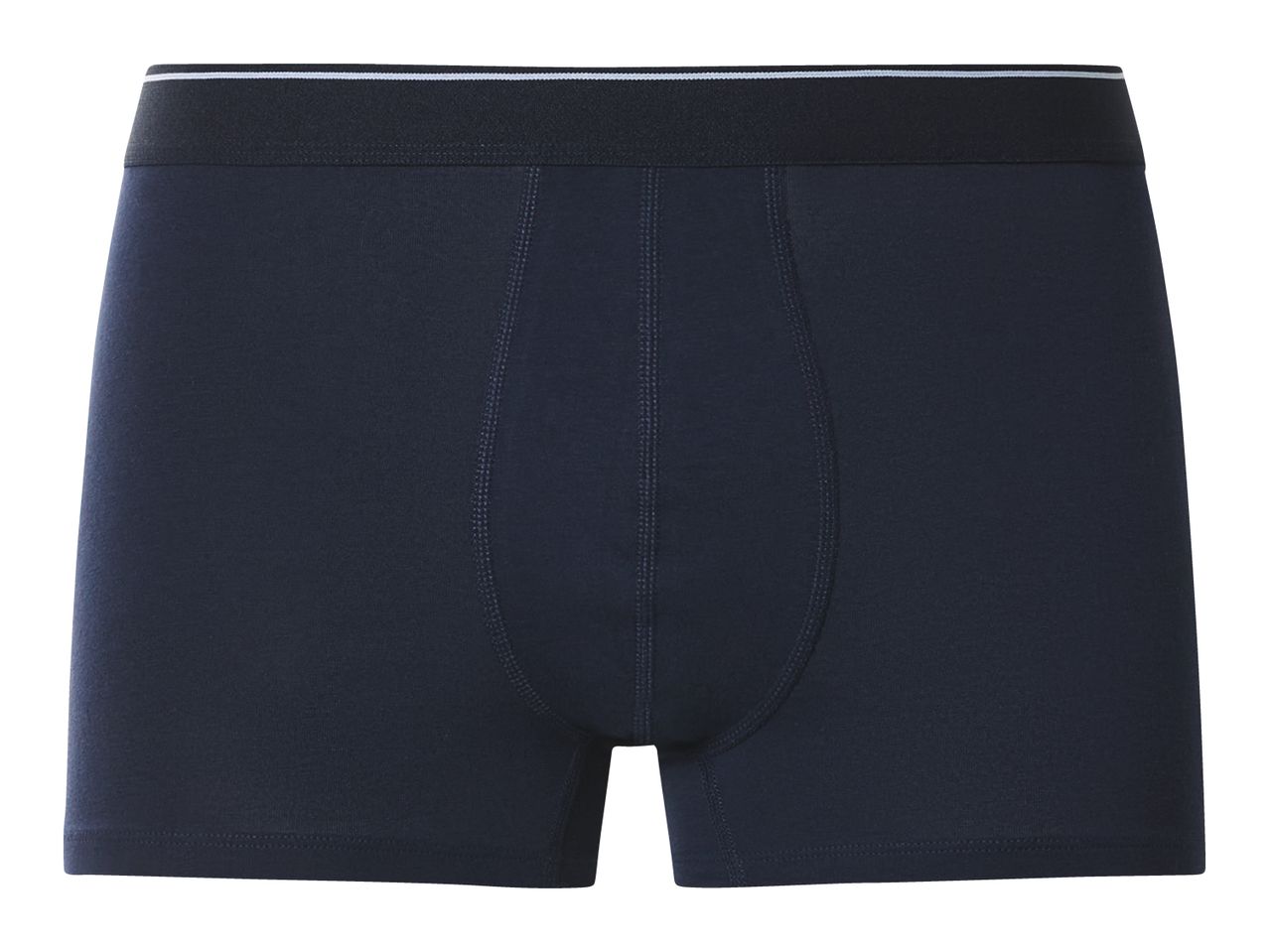 Dark blue men's boxer briefs with a black waistband and white stripes.