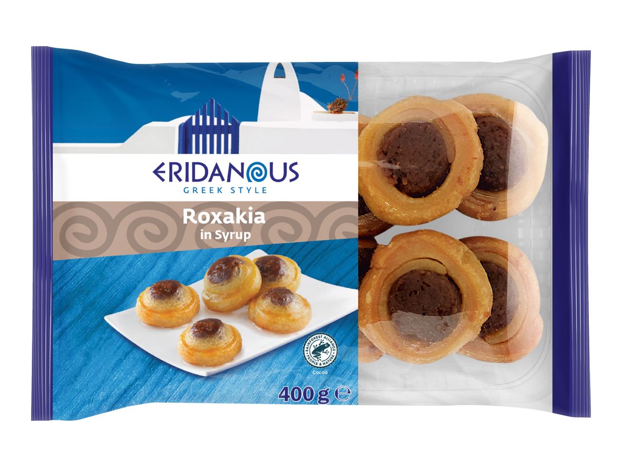 Greek-style Roxakia in syrup, with a traditional Greek village scene and a Rainforest Alliance cocoa seal.