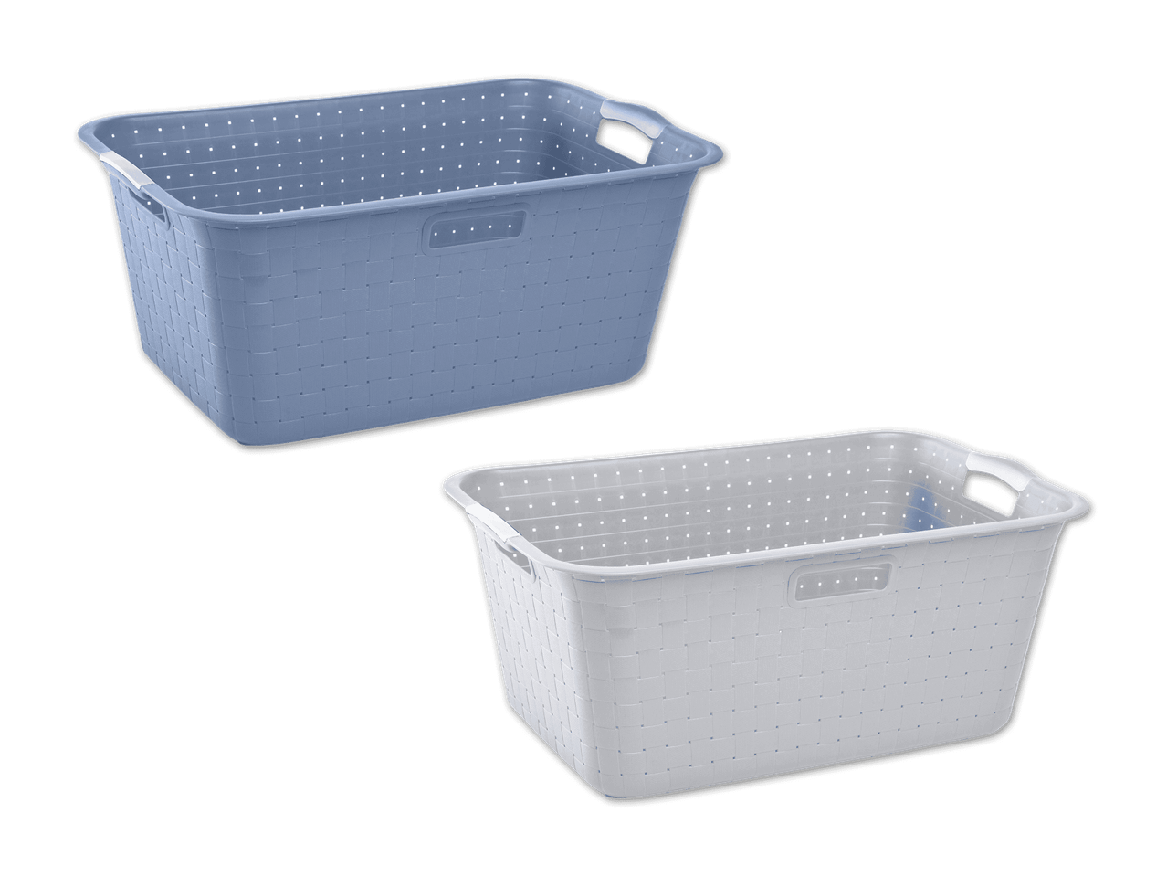 Zwei Wäschekörbe in Hellblau und Weiß.