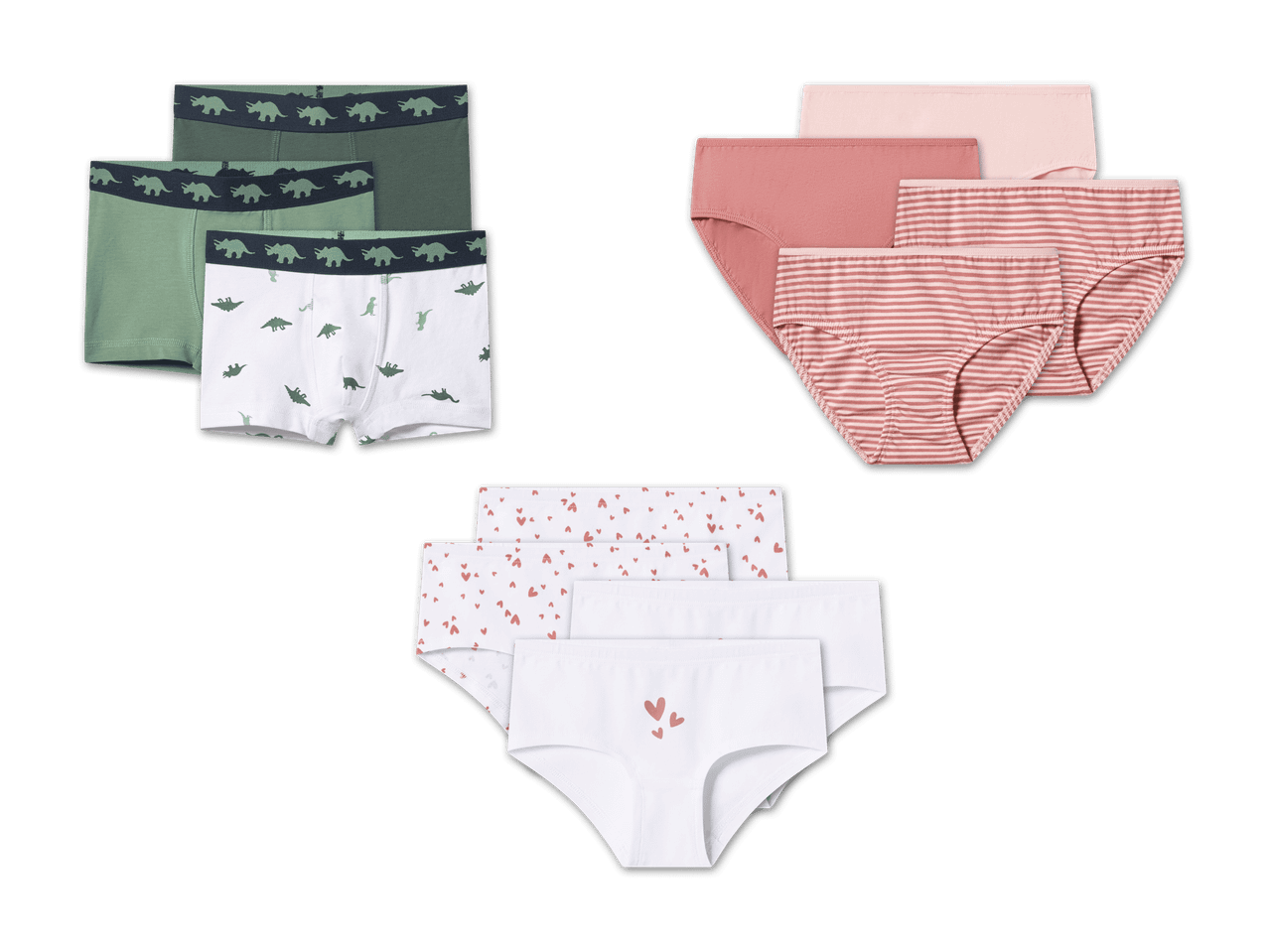 Drei Sets Unterwäsche: grüne Boxershorts mit Dinosauriern, rosa Slips gestreift und mit Herzen.