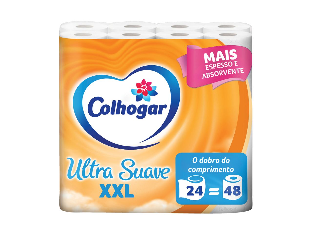 Embalagem de papel higiénico Colhogar Ultra Suave XXL, 24 rolos que equivalem a 48.
