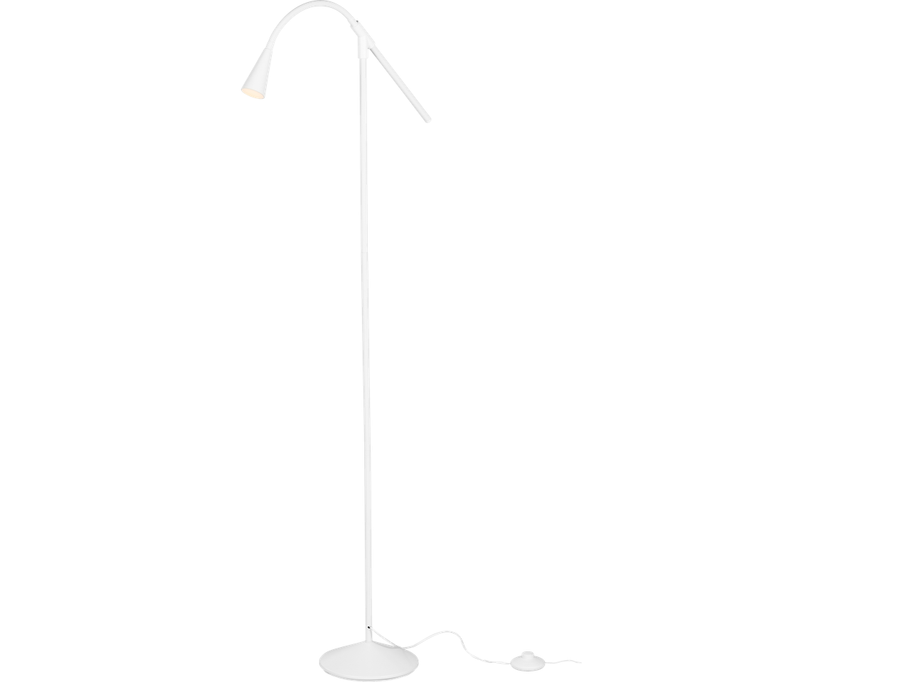 Baltas LIVARNO LED pastatomas šviestuvas su lanksčia rankena ir kojiniu jungikliu.