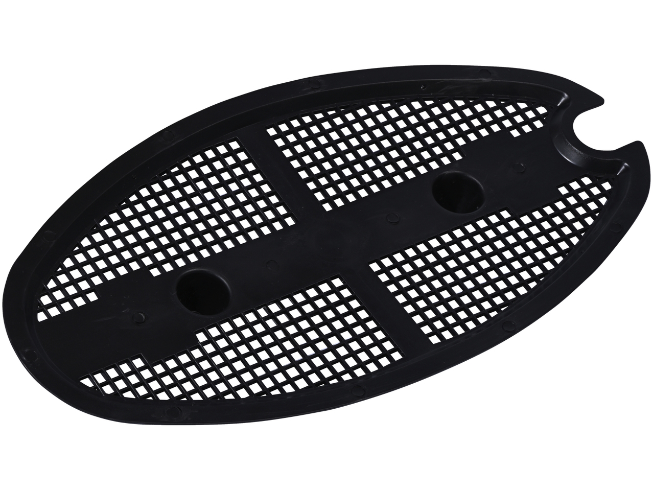 Grelha de plástico preta para vaso DOBAR, com furos quadrados e duas aberturas circulares.