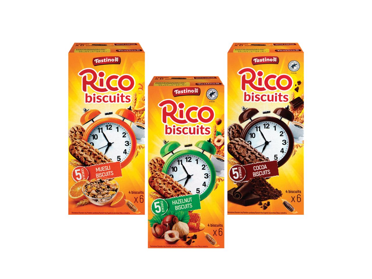 Tri kutije keksa Rico: musli, lešnik i kakao.