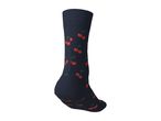 Dark blue sock with a red cherry pattern