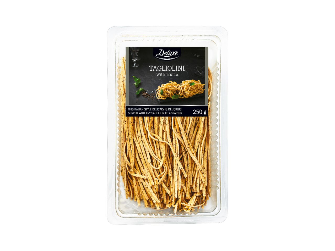 A package of dried pappardelle pasta.