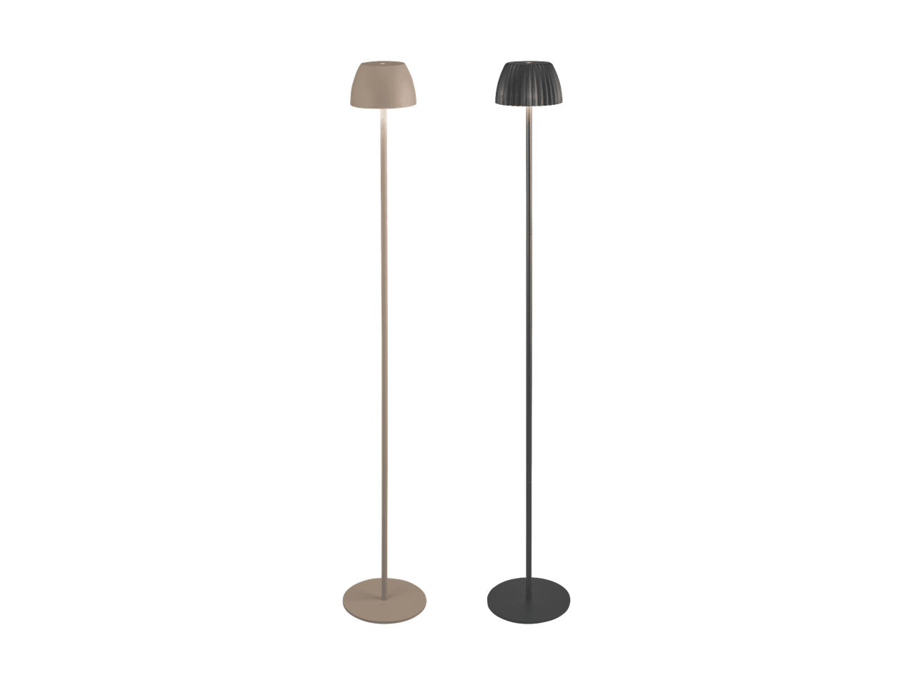 To moderne gulvlamper, en beige og en mørkegrå, med slanke stænger og runde baser.