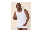 A smiling man wearing a white tank top and matching boxer shorts.