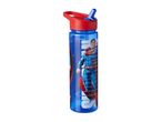 Blue Superman water bottle with a red lid and blue straw