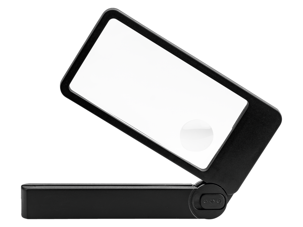 Black foldable magnifying glass with LED light and additional lens, open on a black background.