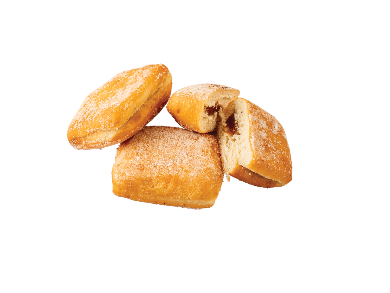 Spurgos su bananų ir karamelės įdaru, apibarstytos cukrumi, viena perpjauta.