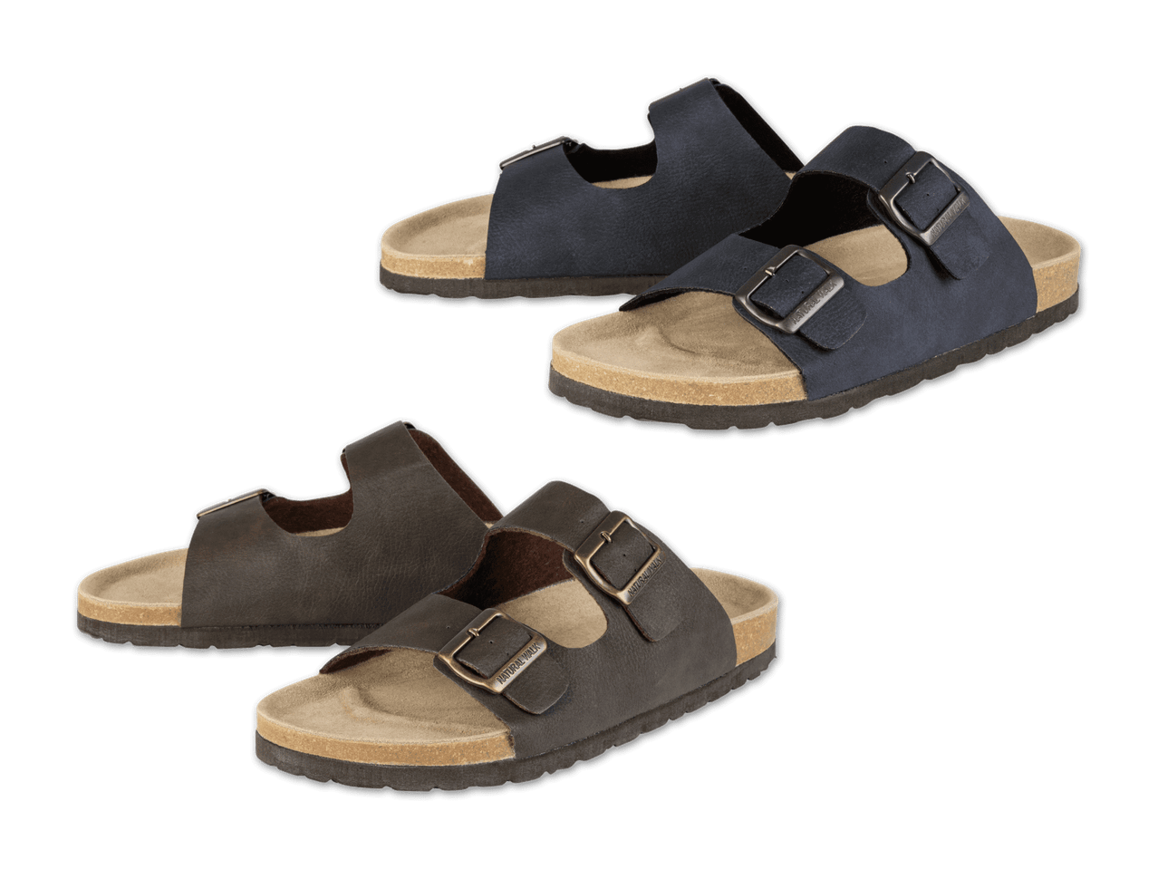 Zwei Paar dunkelblaue und dunkelgraue Birkenstock-Sandalen aus Veloursleder.