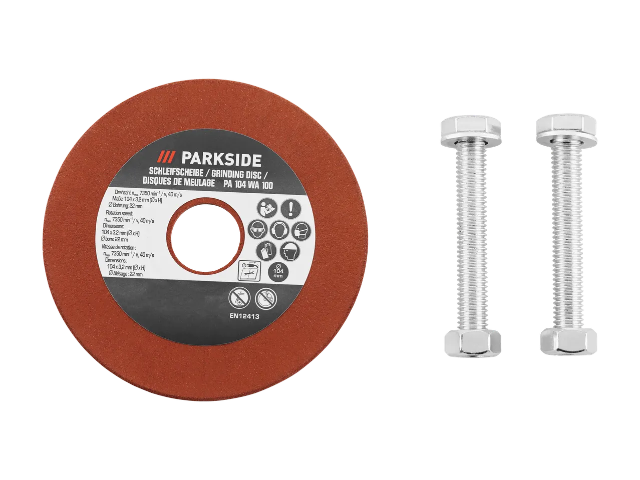 Disc abraziv Parkside PA 104 WA 100 și doi șuruburi.