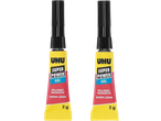 Duas bisnagas UHU Super Power Gel Sekundenkleber, 2g cada, com rótulos amarelo, vermelho e azul.