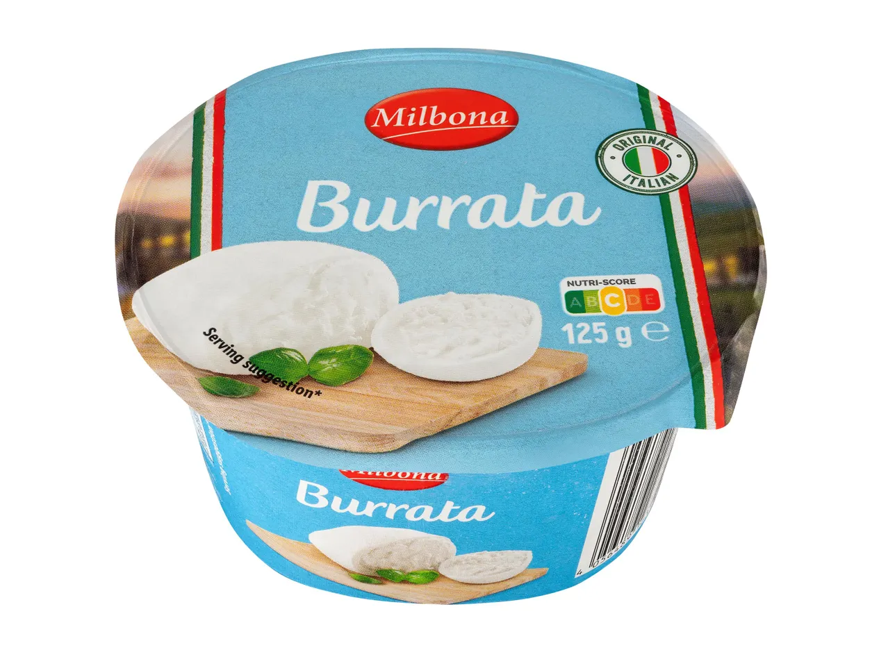 Milbona márkájú burrata sajt 125 grammos kiszerelésben.