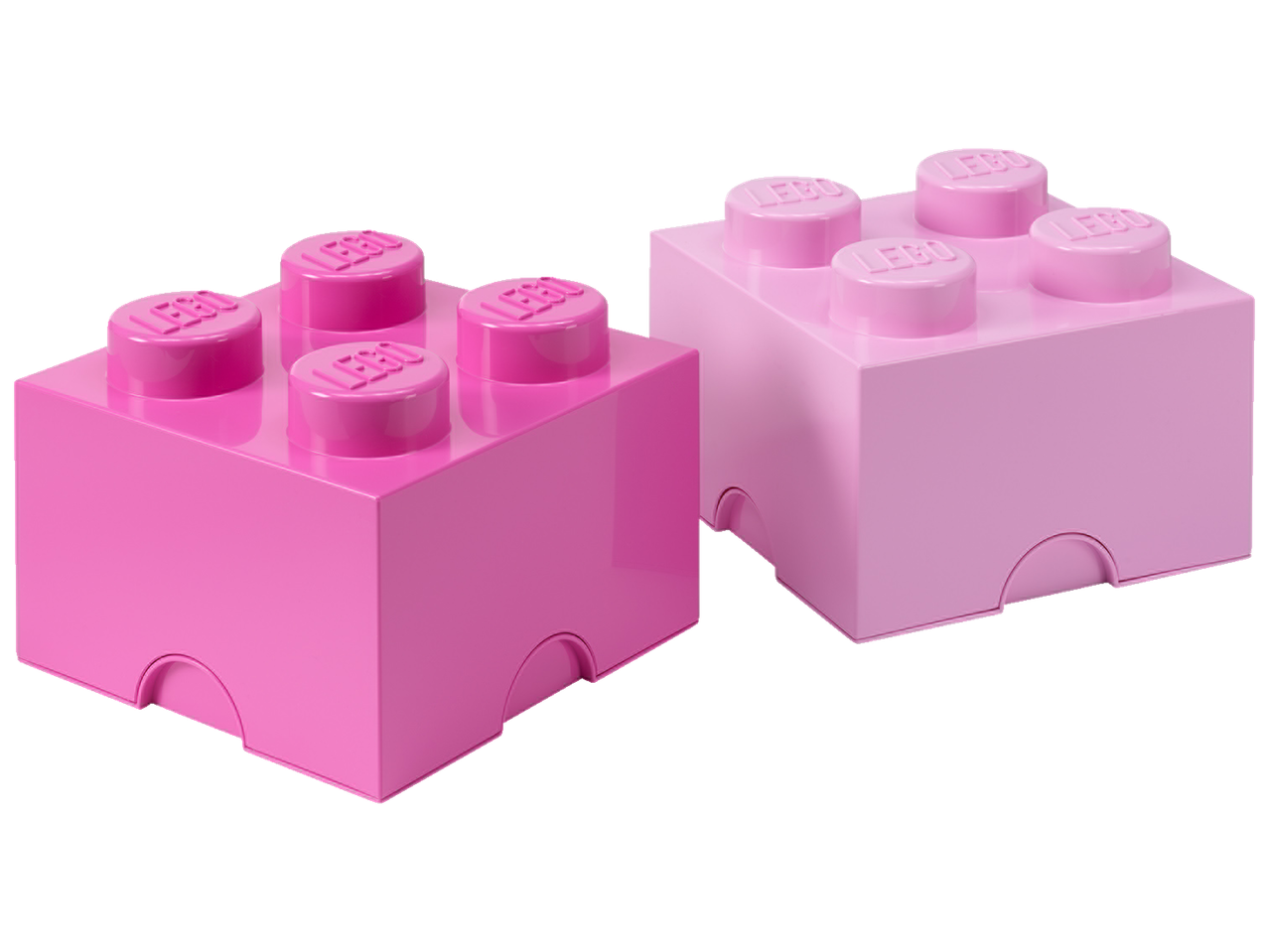 Două cutii de depozitare LEGO roz în formă de cărămidă.
