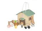 Wooden toy farm set with barn, farmer, tractor, and farm animals.