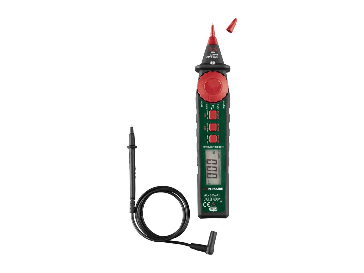 Parkside pen multimeter with a black test lead and a red cap