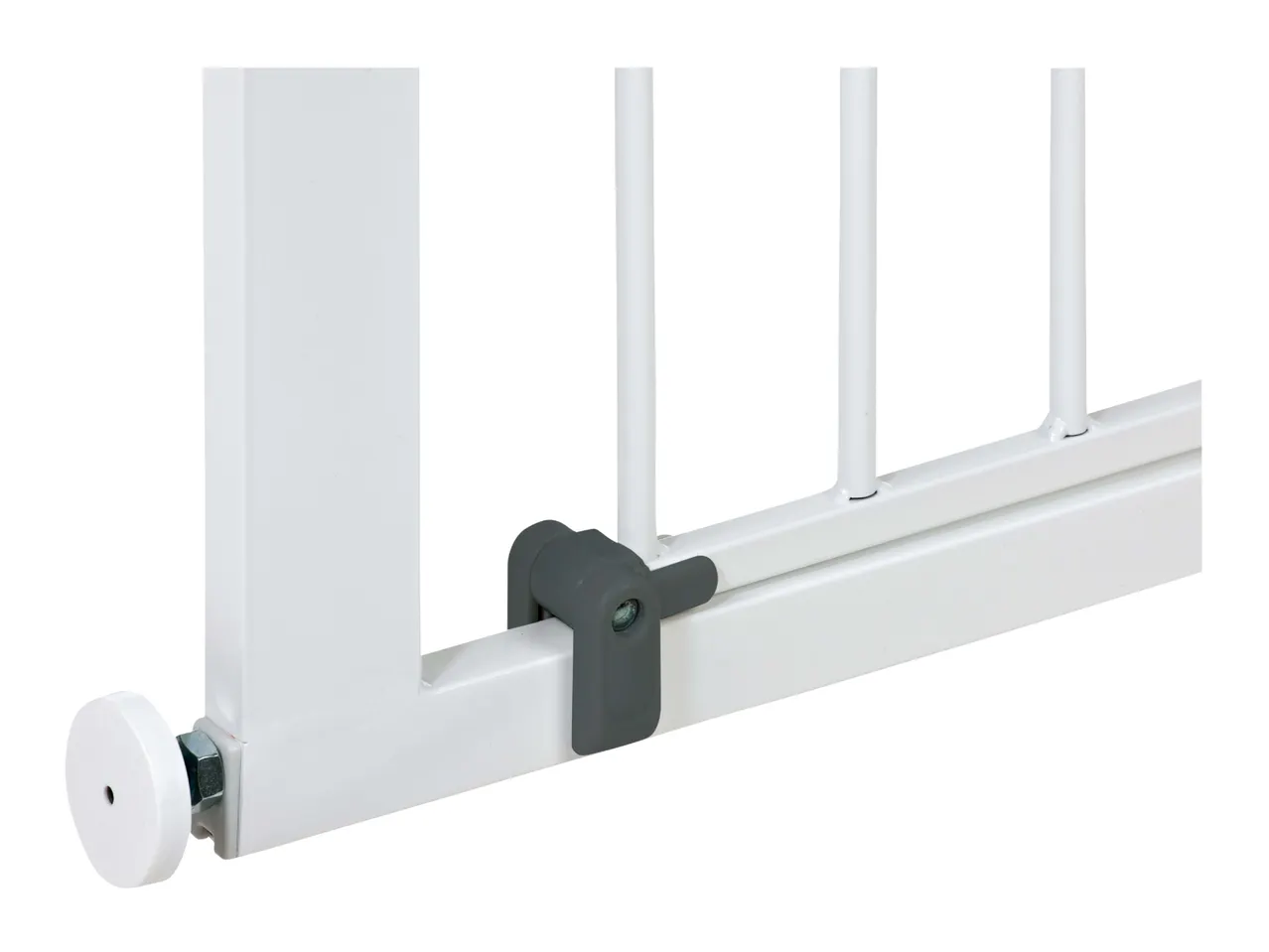 Close-up of a white metal safety gate with a grey plastic locking mechanism