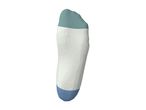 Single white sock with teal toe and heel, isolated on a white background.
