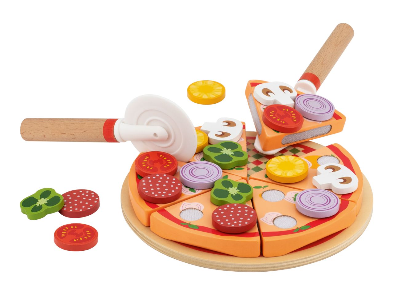 Wooden toy pizza set with toppings and a pizza cutter on a white background.