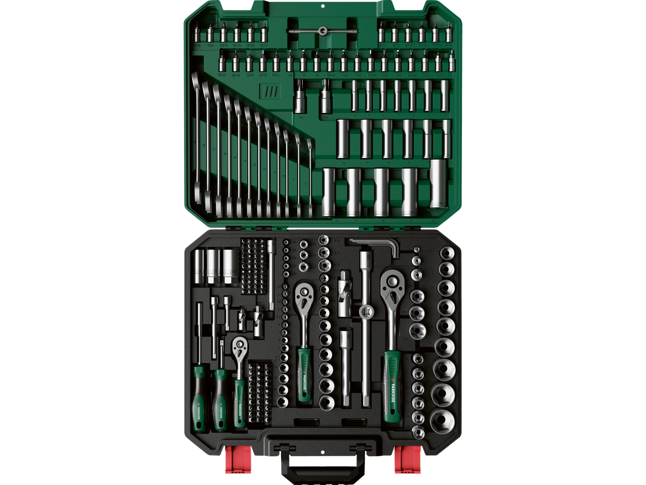 Parkside instrumentu kaste ar uzgriežņu atslēgām, uzgriežņu ligzdām un skrūvgriežiem.