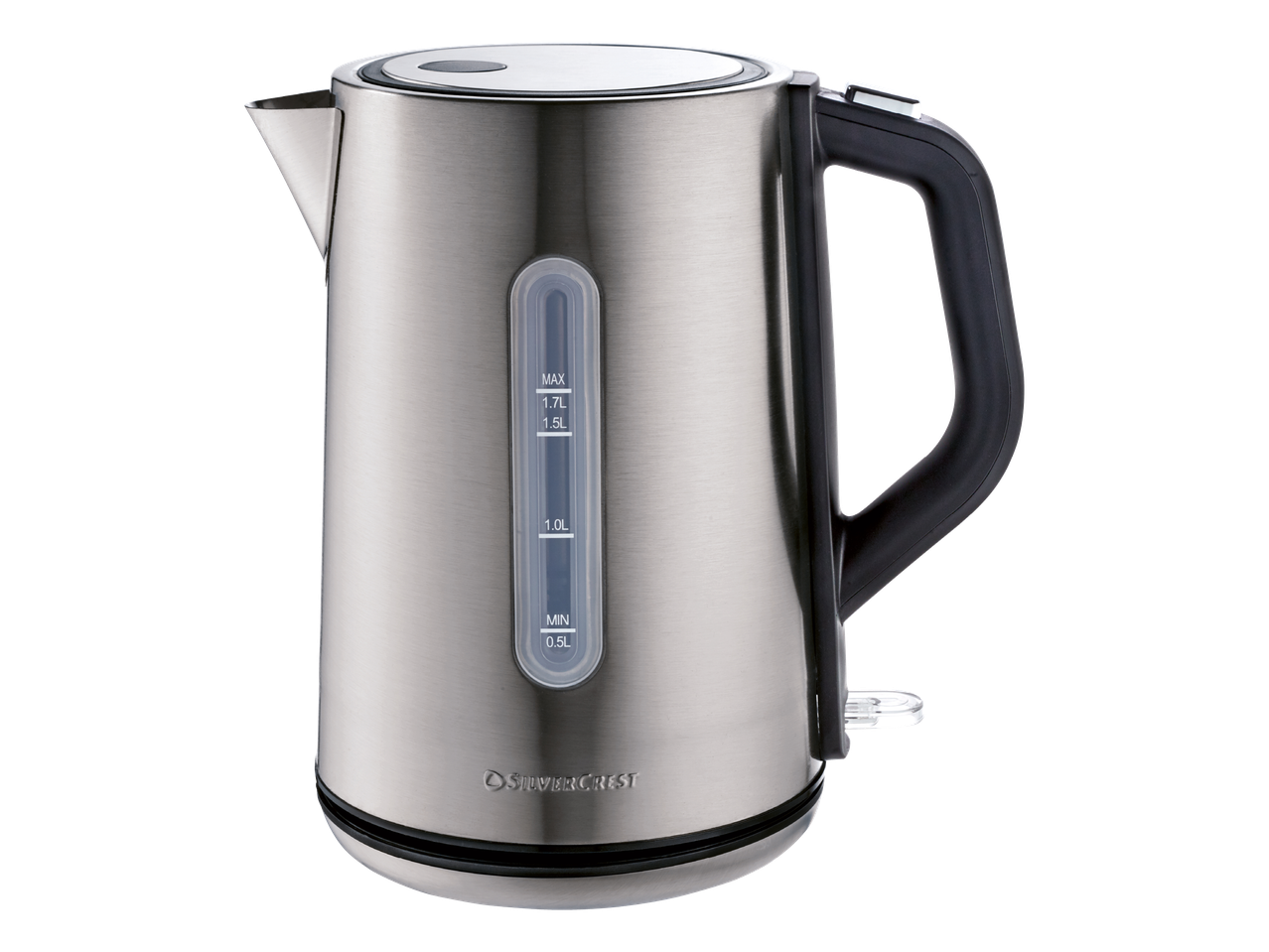 Kuhalo za vodu od nehrđajućeg čelika s crnom ručkom i mjeračem razine vode.