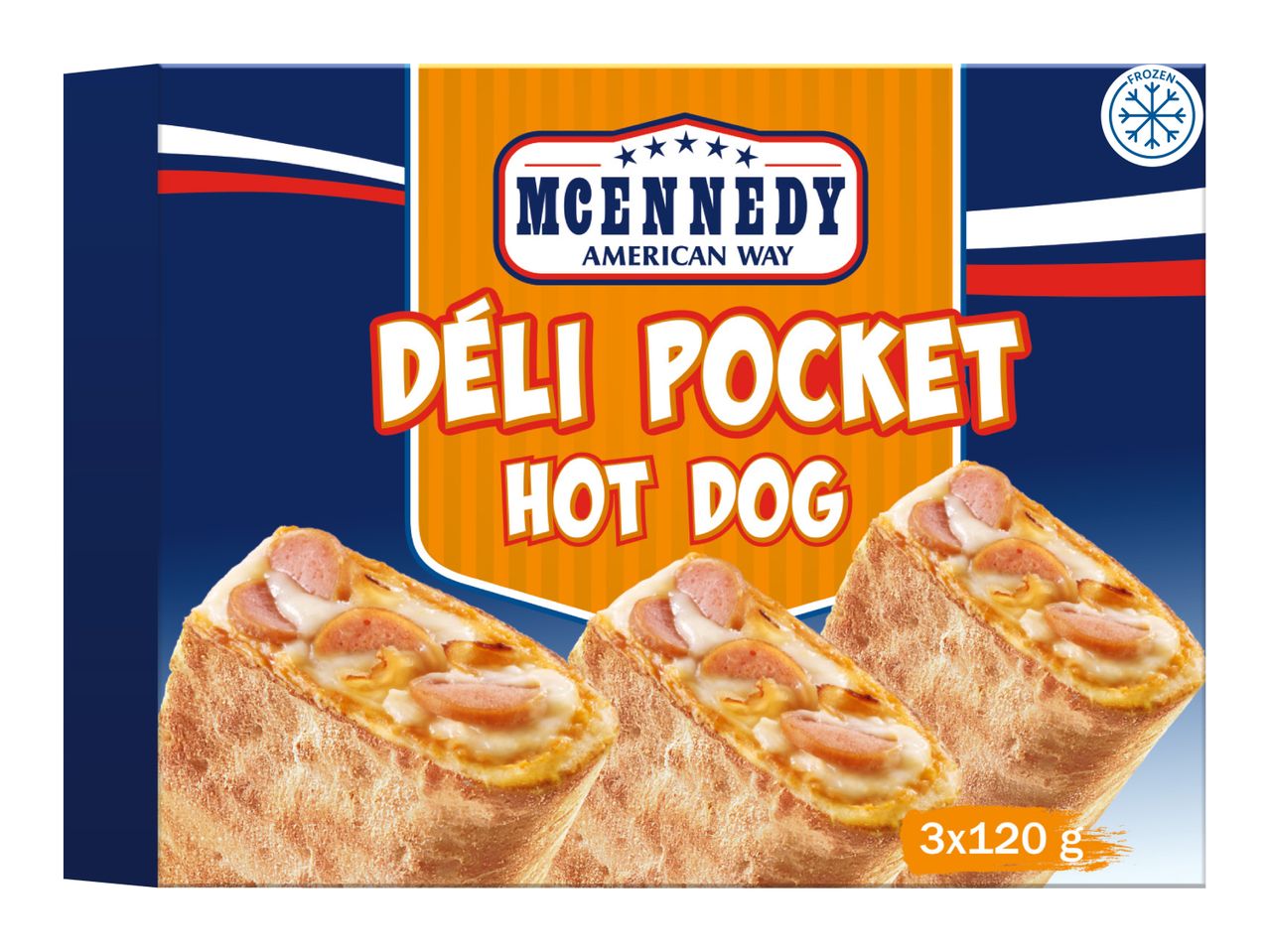 Frozen hot dog deli pockets in a blue and orange box, 3x120g.