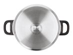 Bottom of a stainless steel cooking pot with two black handles, showing various hob compatibility symbols and manufacturer information.