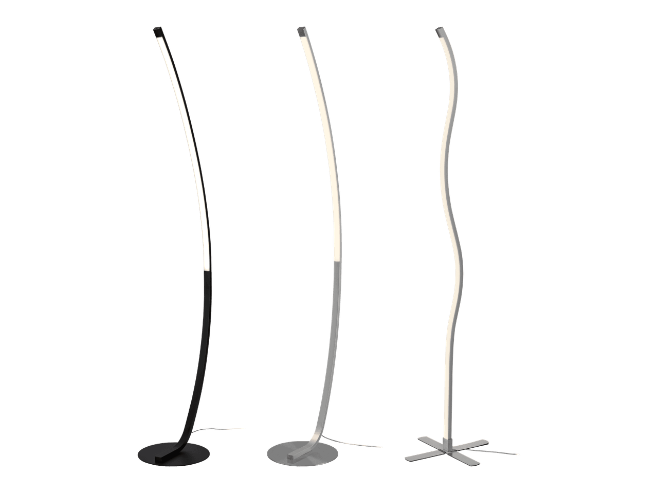 Kolme modernia LED-lattiavalaisinta, joissa on kaarevat valopalkit ja pyöreät tai ristinmuotoiset jalustat.